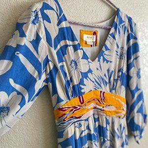 Anthropologie Maeve Belted Kimono Maxi Dress Blue Floral Size US 0 / UK 4 / EU 3